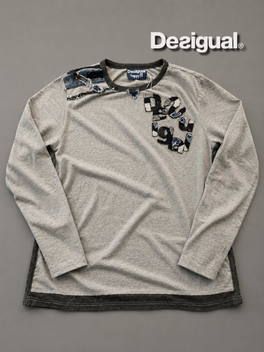 Desigual Happy!!! Gray Long Sleeve Patchwork Shirt XL Distressed Denim